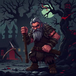 A pixel art scene depicting an aggressive medieval peasant in a dark fantasy setting