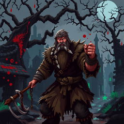 A pixel art scene depicting an aggressive medieval peasant in a dark fantasy setting