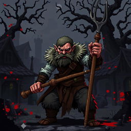 A pixel art scene depicting an aggressive medieval peasant in a dark fantasy setting