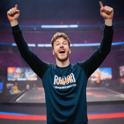 YouTube thumbnail featuring a triumphant gamer celebrating their first win in Arena Breakout, with vibrant graphics, victorious mood, and game-related elements integrated in the foreground and background.