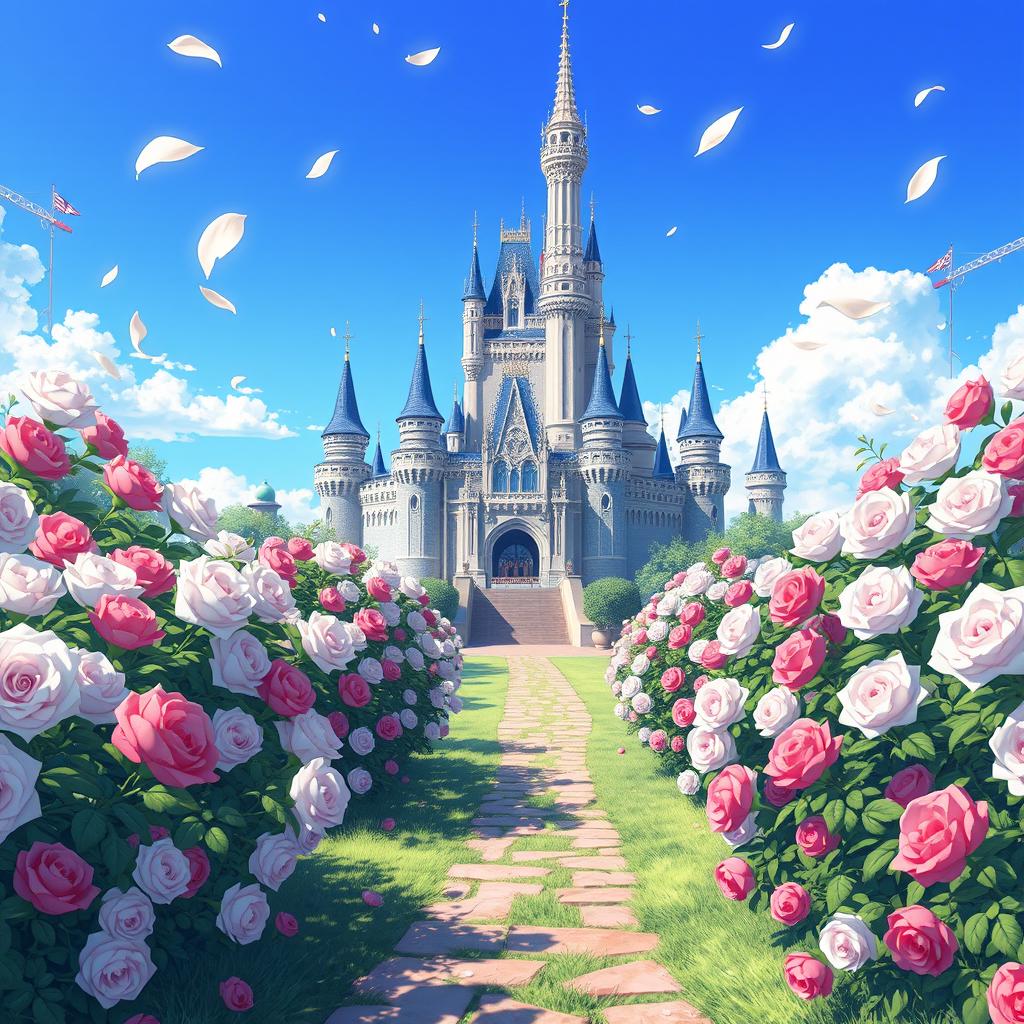 A stunning anime scene featuring a magnificent castle surrounded by blooming white and red roses