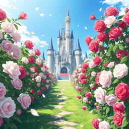 A stunning anime scene featuring a magnificent castle surrounded by blooming white and red roses