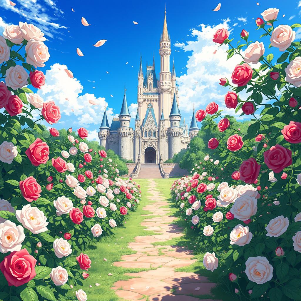 A stunning anime scene featuring a magnificent castle surrounded by blooming white and red roses