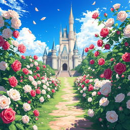 A stunning anime scene featuring a magnificent castle surrounded by blooming white and red roses