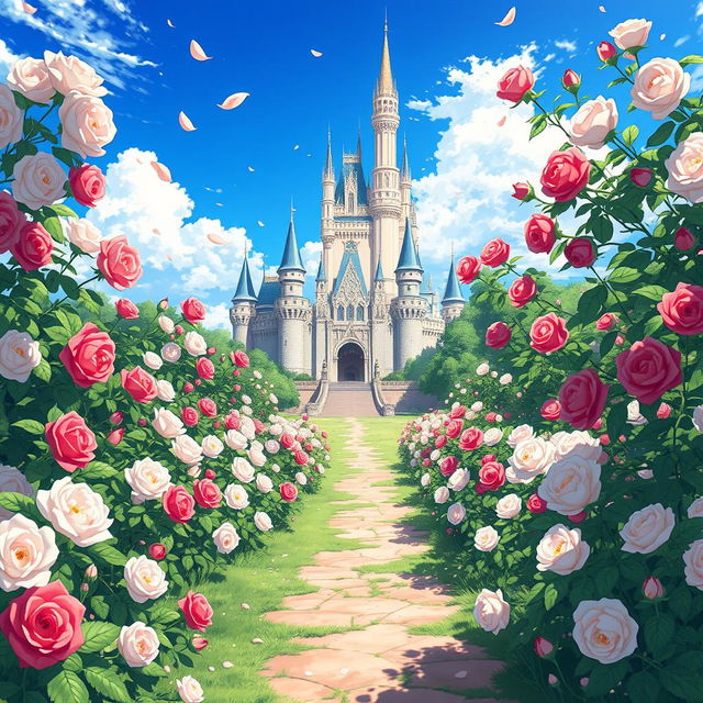 A stunning anime scene featuring a magnificent castle surrounded by blooming white and red roses