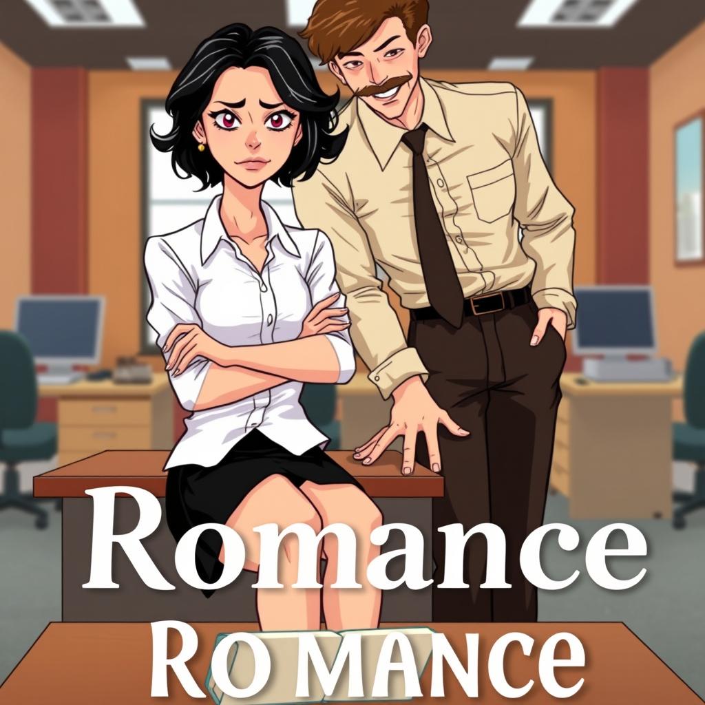 A romance book cover featuring an office environment in the background