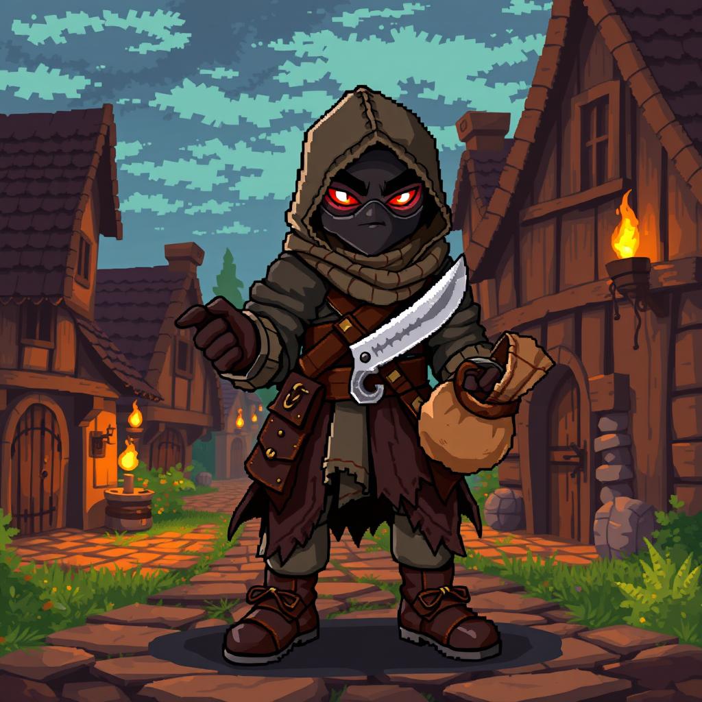 A vibrant pixel art illustration of a medieval bandit, featuring detailed pixelated clothing such as a tattered cloak, leather armor, and rugged boots