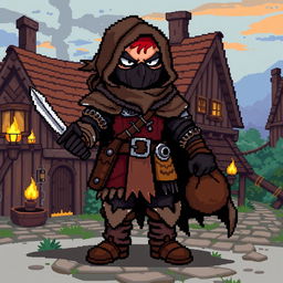 A vibrant pixel art illustration of a medieval bandit, featuring detailed pixelated clothing such as a tattered cloak, leather armor, and rugged boots