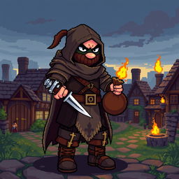 A vibrant pixel art illustration of a medieval bandit, featuring detailed pixelated clothing such as a tattered cloak, leather armor, and rugged boots