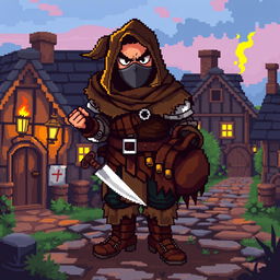 A vibrant pixel art illustration of a medieval bandit, featuring detailed pixelated clothing such as a tattered cloak, leather armor, and rugged boots