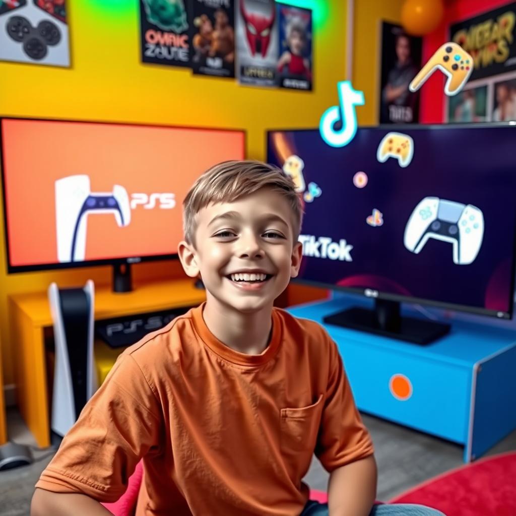 A young boy enthusiastically explaining how to do live streams from a PS5 to TikTok, with a colorful and playful background