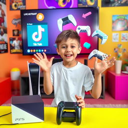 A young boy enthusiastically explaining how to do live streams from a PS5 to TikTok, with a colorful and playful background