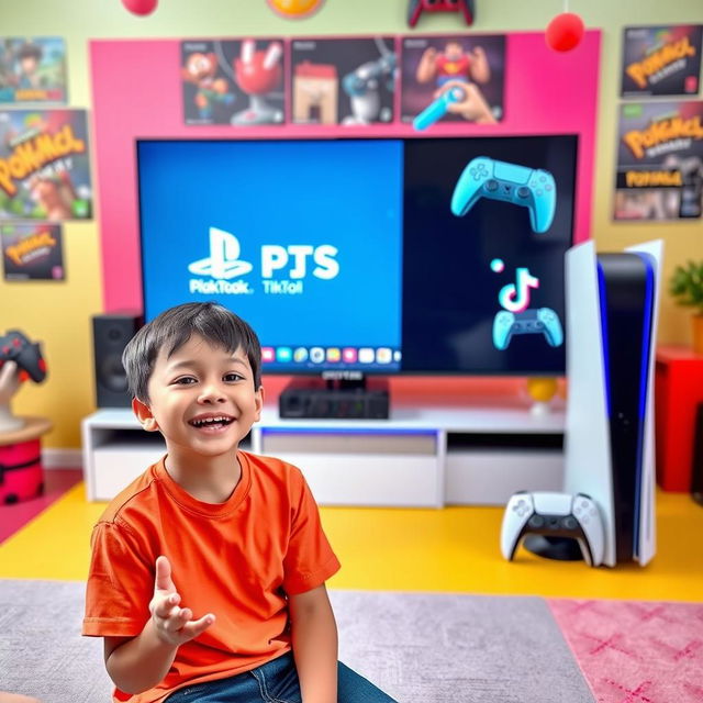 A young boy enthusiastically explaining how to do live streams from a PS5 to TikTok, with a colorful and playful background