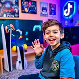 A young boy enthusiastically explaining how to do live streams from a PS5 to TikTok, with a colorful and playful background