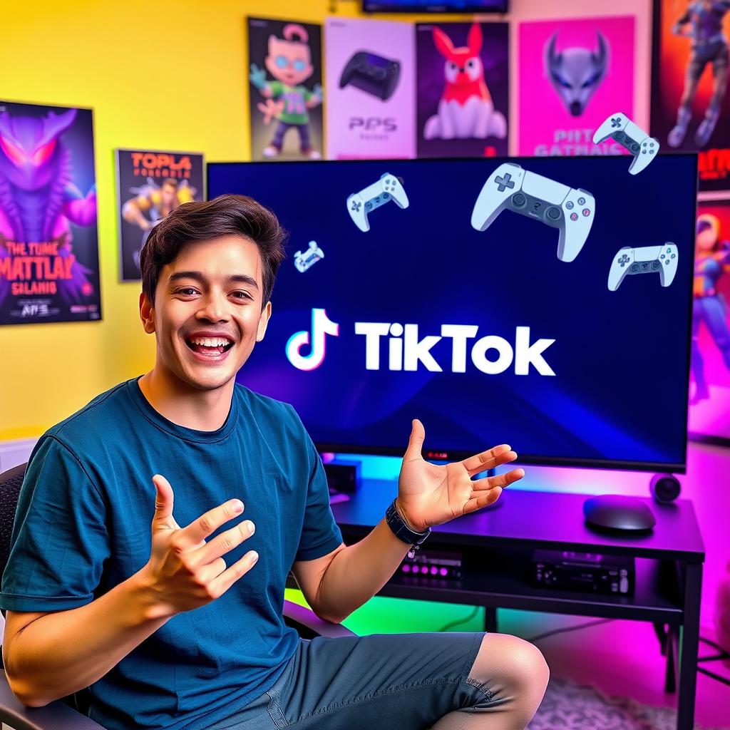 A young man energetically announcing how to live stream from a PS5 to TikTok, set against a vibrant and engaging background