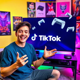 A young man energetically announcing how to live stream from a PS5 to TikTok, set against a vibrant and engaging background