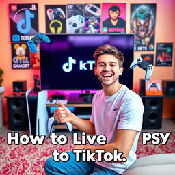 A young man energetically announcing how to live stream from a PS5 to TikTok, set against a vibrant and engaging background