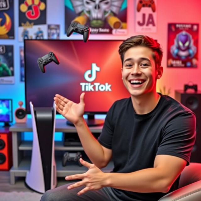 A young man energetically announcing how to live stream from a PS5 to TikTok, set against a vibrant and engaging background