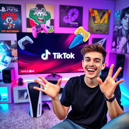 A young man energetically announcing how to live stream from a PS5 to TikTok, set against a vibrant and engaging background