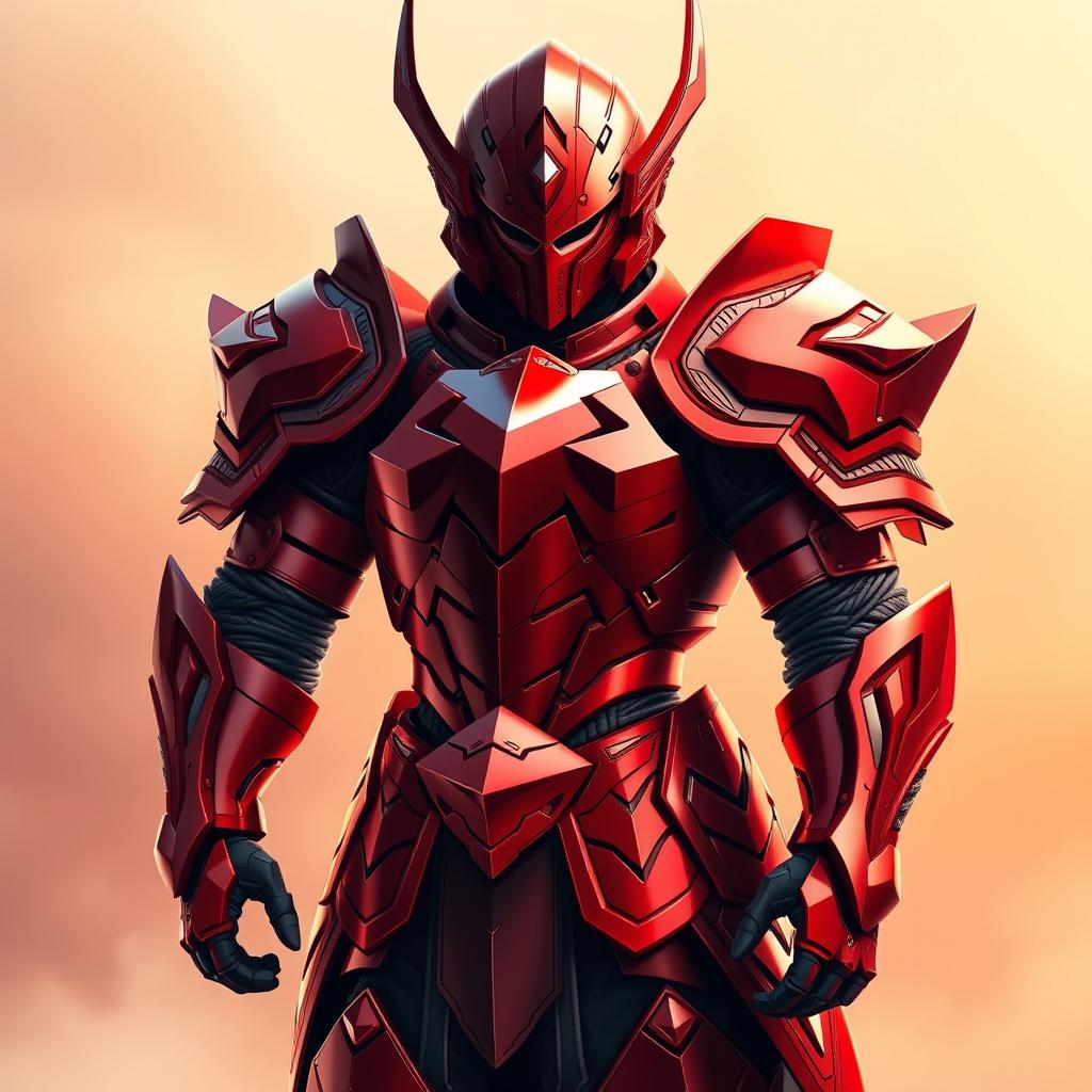 A stunning, highly detailed depiction of a red armor set inspired by anime aesthetics, showcasing intricate designs and sharp edges