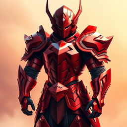 A stunning, highly detailed depiction of a red armor set inspired by anime aesthetics, showcasing intricate designs and sharp edges