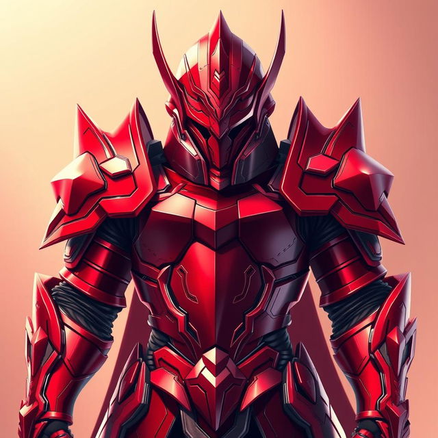 A stunning, highly detailed depiction of a red armor set inspired by anime aesthetics, showcasing intricate designs and sharp edges