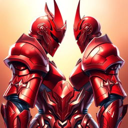 A stunning, highly detailed depiction of a red armor set inspired by anime aesthetics, showcasing intricate designs and sharp edges