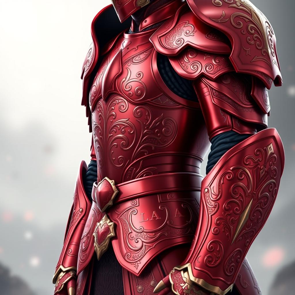 An elaborate design of a red anime-style armor set, featuring intricate engravings and patterns that showcase its craftsmanship