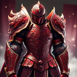 An elaborate design of a red anime-style armor set, featuring intricate engravings and patterns that showcase its craftsmanship