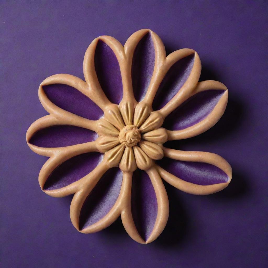A flower made of creamy peanut butter, its petals intricately designed, against a radiant deep purple background.