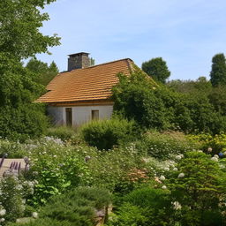 A picturesque house with an extensive, well-tended garden surrounding it on a large plot of land.