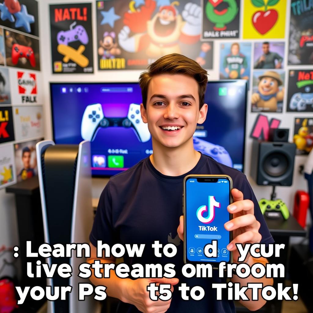 A young man smiling and confidently saying, "Learn how to do your live streams from your PS5 to TikTok!" He is standing in front of a modern gaming setup that features a sleek PS5 console and a large screen displaying animated video game controls