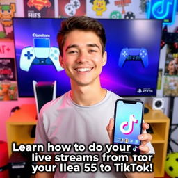 A young man smiling and confidently saying, "Learn how to do your live streams from your PS5 to TikTok!" He is standing in front of a modern gaming setup that features a sleek PS5 console and a large screen displaying animated video game controls