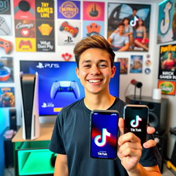 A young man smiling and confidently saying, "Learn how to do your live streams from your PS5 to TikTok!" He is standing in front of a modern gaming setup that features a sleek PS5 console and a large screen displaying animated video game controls