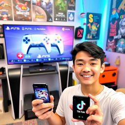 A young man smiling and confidently saying, "Learn how to do your live streams from your PS5 to TikTok!" He is standing in front of a modern gaming setup that features a sleek PS5 console and a large screen displaying animated video game controls