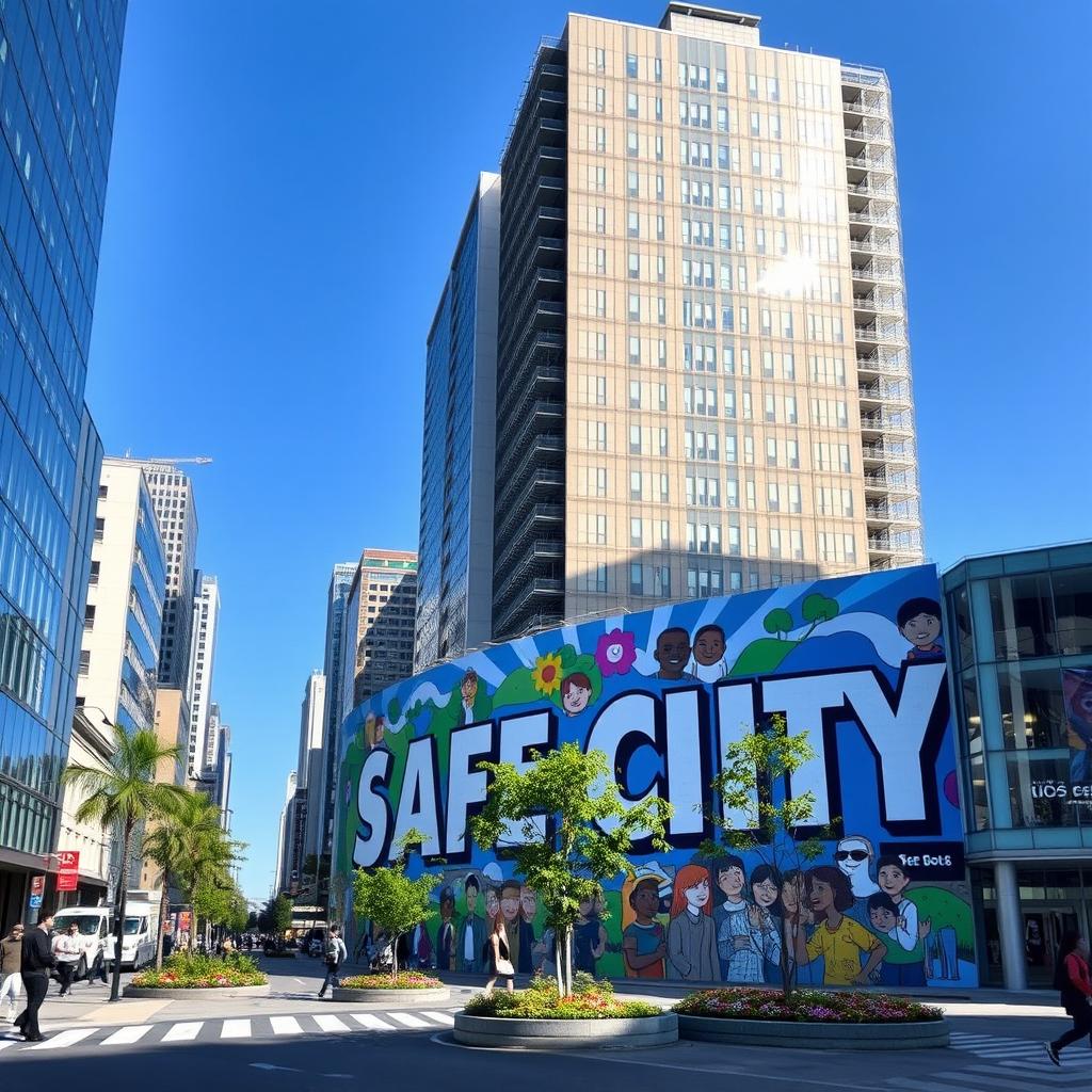 A vibrant street scene in a modern city showcasing a large, colorful mural that reads 'Safe City' in bold letters