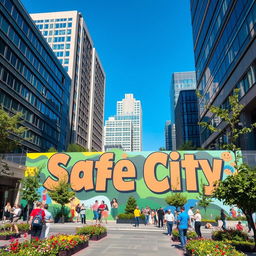 A vibrant street scene in a modern city showcasing a large, colorful mural that reads 'Safe City' in bold letters