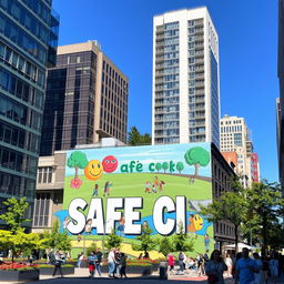 A vibrant street scene in a modern city showcasing a large, colorful mural that reads 'Safe City' in bold letters