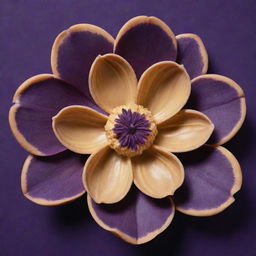 A flower made of creamy peanut butter, its petals intricately designed, against a radiant deep purple background.