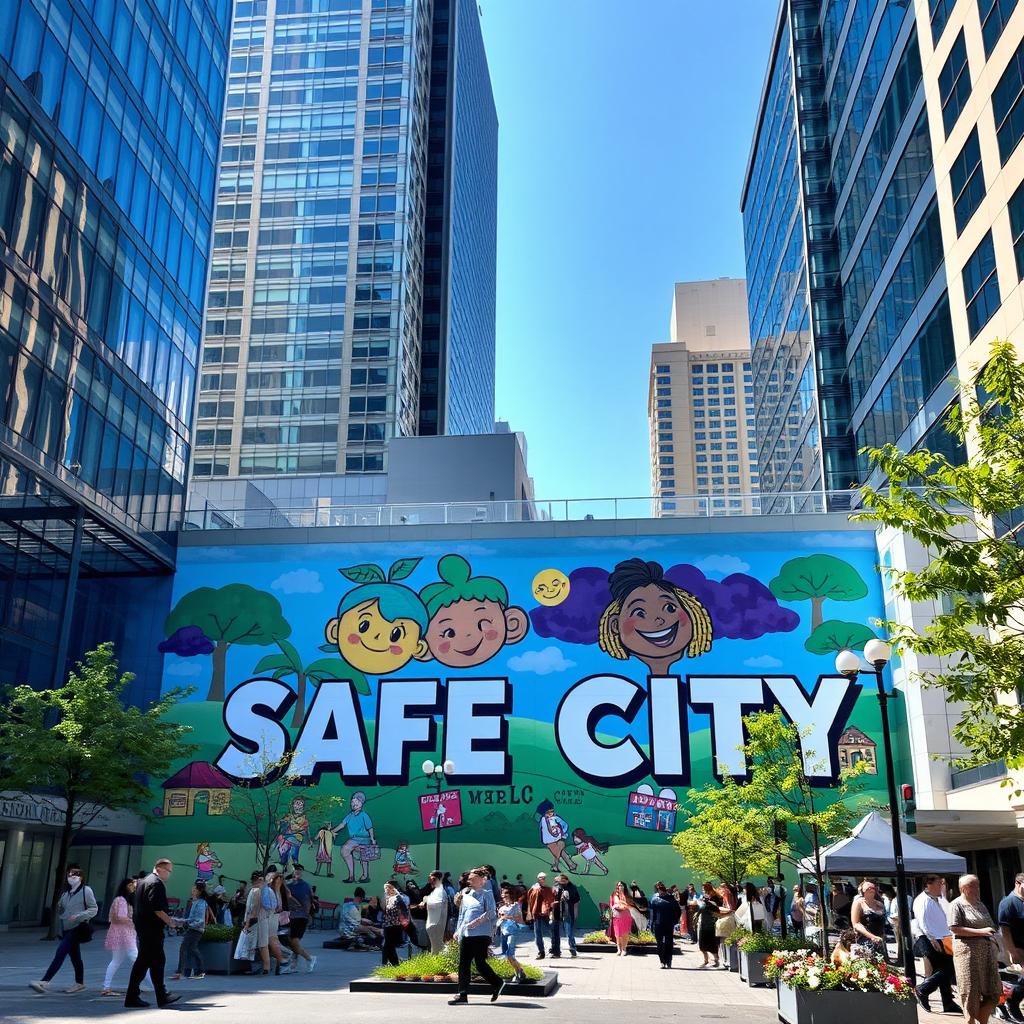 A vibrant street scene in a modern city showcasing a large, colorful mural that reads 'Safe City' in bold letters