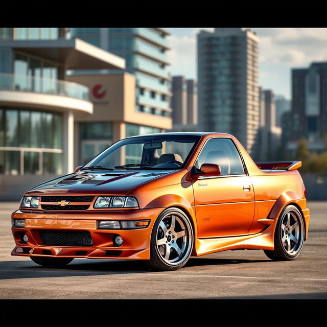 A modified 1995 Chevy Swing, showcasing a sleek design with custom bodywork, vibrant paint job, and sporty rims