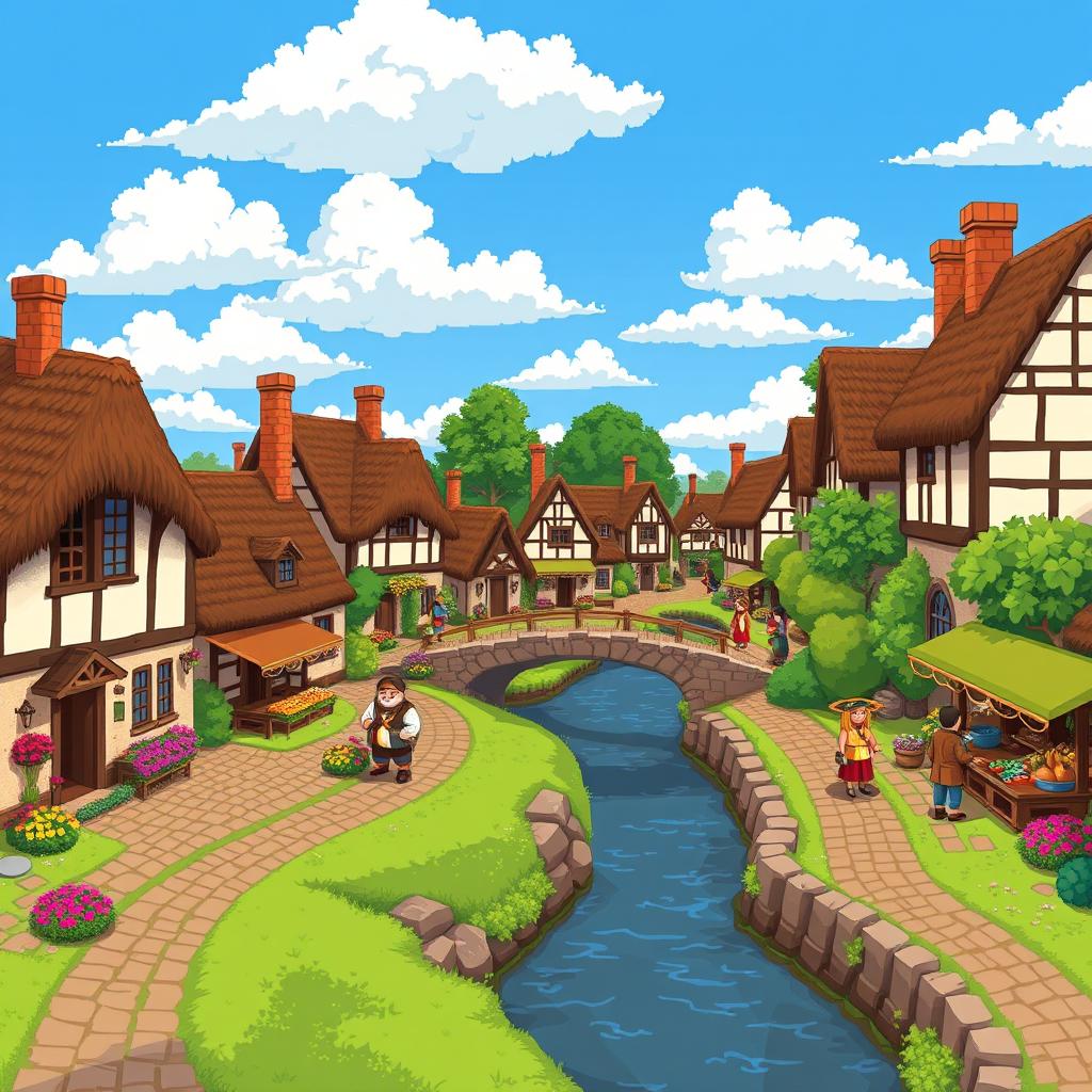 A pixel art style medieval village background featuring charming cottages with thatched roofs, cobblestone paths, and lush greenery