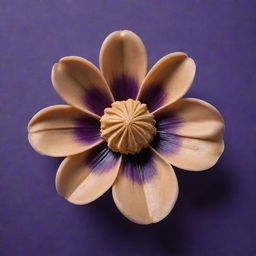 A flower made of creamy peanut butter, its petals intricately designed, against a radiant deep purple background.