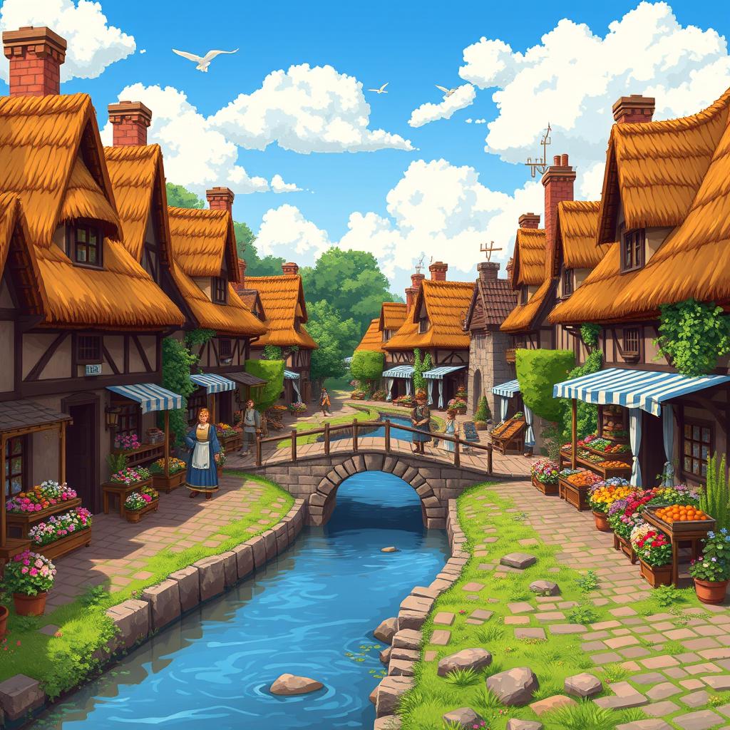 A pixel art style medieval village background featuring charming cottages with thatched roofs, cobblestone paths, and lush greenery