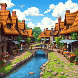 A pixel art style medieval village background featuring charming cottages with thatched roofs, cobblestone paths, and lush greenery