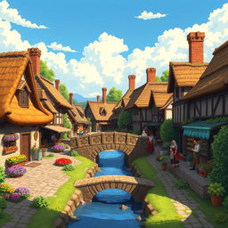 A pixel art style medieval village background featuring charming cottages with thatched roofs, cobblestone paths, and lush greenery