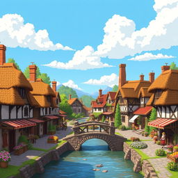 A pixel art style medieval village background featuring charming cottages with thatched roofs, cobblestone paths, and lush greenery