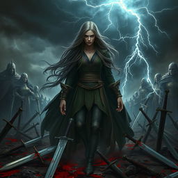 A dramatic fantasy scene depicting the reincarnation of a powerful sorceress, surrounded by blood and swords