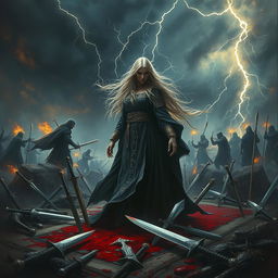 A dramatic fantasy scene depicting the reincarnation of a powerful sorceress, surrounded by blood and swords