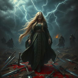 A dramatic fantasy scene depicting the reincarnation of a powerful sorceress, surrounded by blood and swords